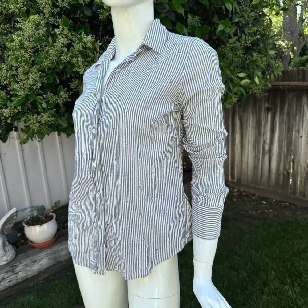 J. Crew Perfect Fit Striped Bling Poplin Shirt Grey White Women's Size 4